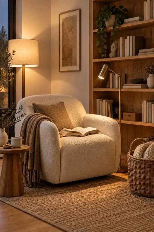 Coin cocooning salon éclairé le soir avec fauteuil de lecture et lumière douce