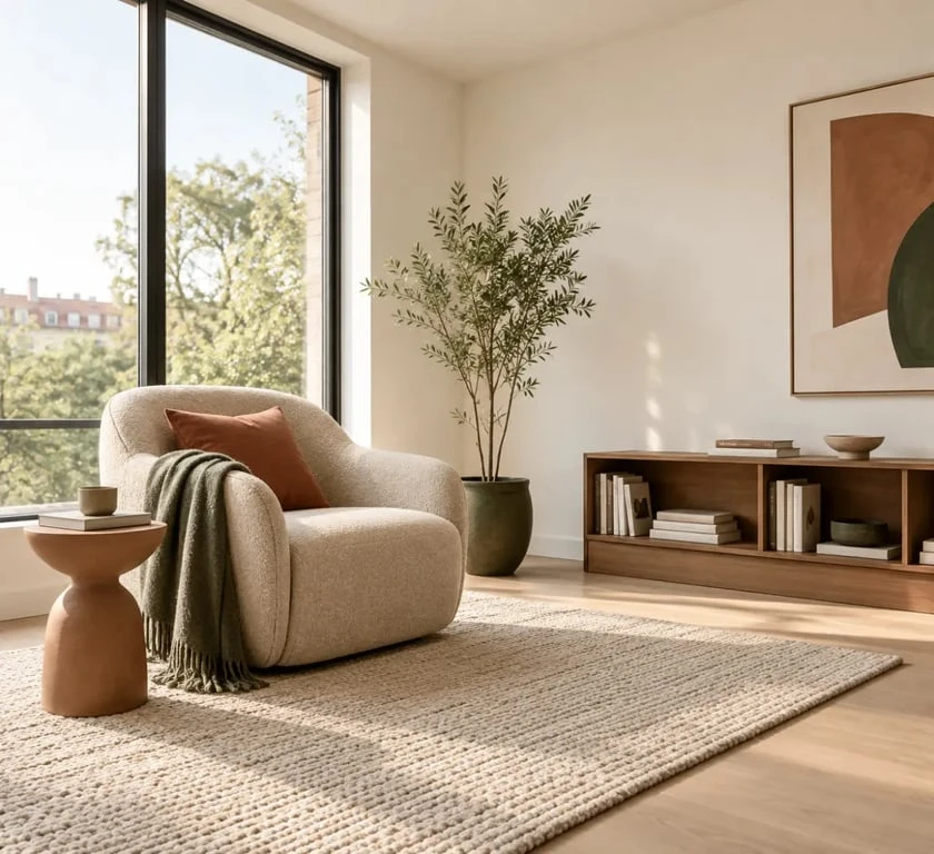 Coin cocooning salon avec fauteuil confortable, tapis texturé et lumière naturelle
