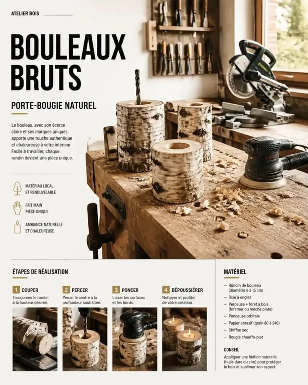 Fabriquer des objets en bois : atelier avec rondins de bouleau et outils de découpe