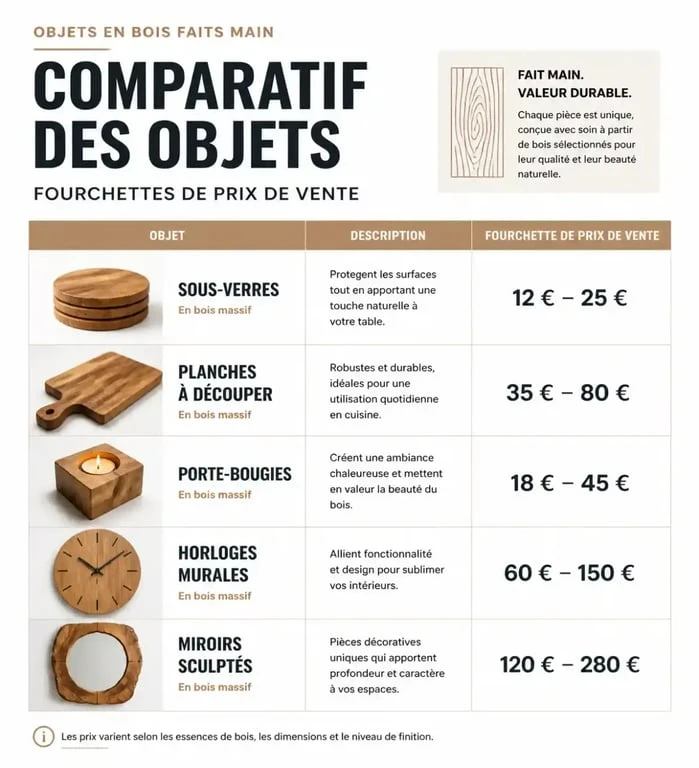 Tableau des prix de vente pour fabriquer des objets en bois faits main