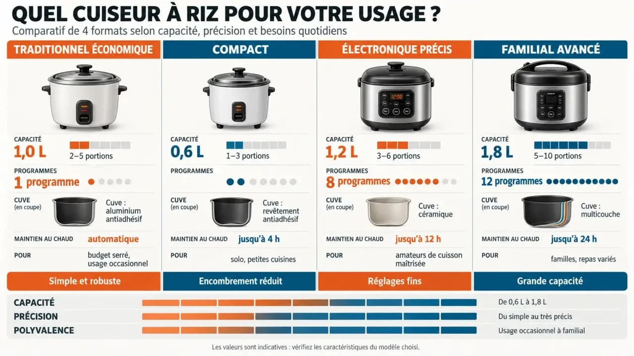 Infographie du cuiseur riz comparatif selon la capacité, les programmes et le type de cuve
