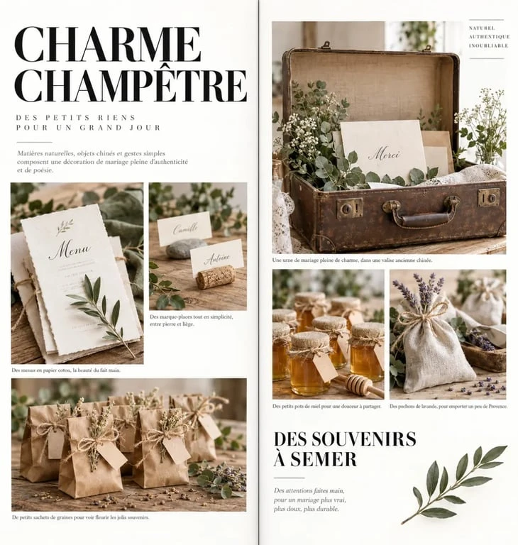 Décoration champêtre faite maison avec papeterie, cadeaux d'invités et objets récupérés
