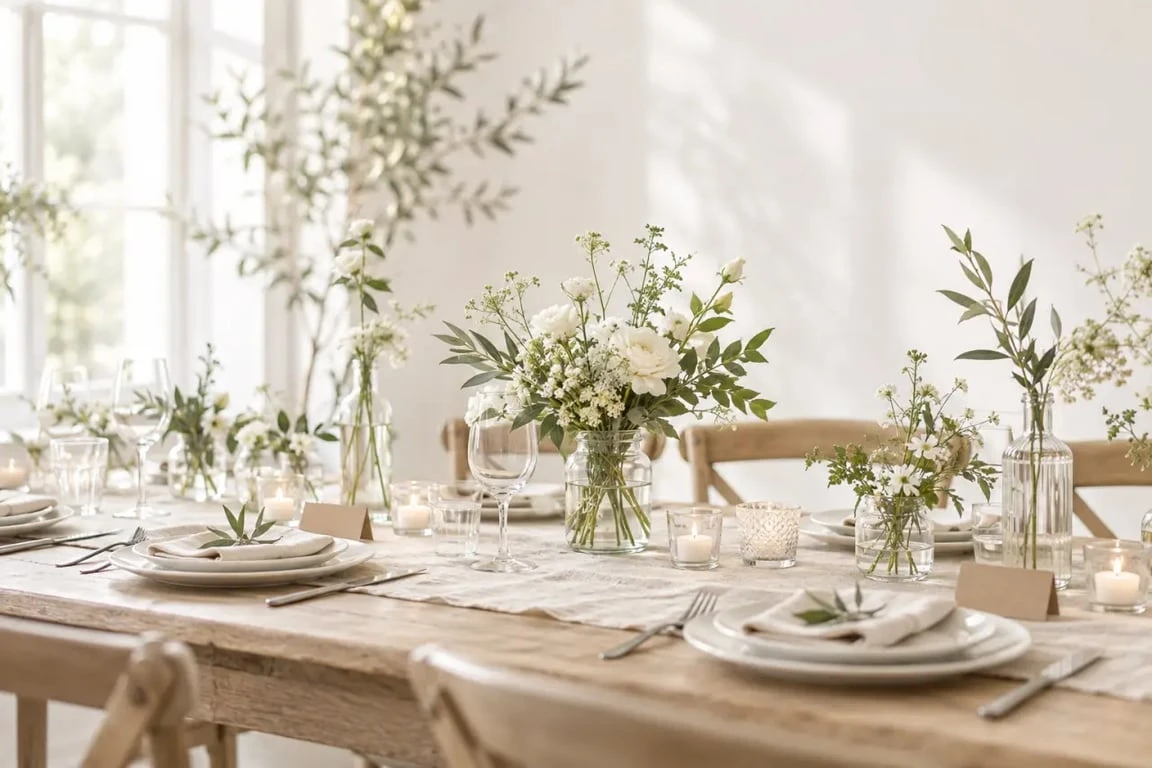 Décoration champêtre faite maison pour une table de mariage avec bocaux et fleurs de saison