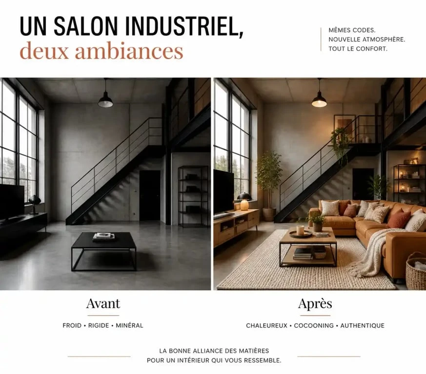 Avant-après d’une déco salon industriel cocooning avec bois, textiles et lumière chaude