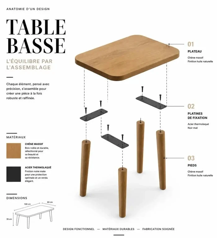 Schéma de montage des pieds sur le plateau d'une table basse