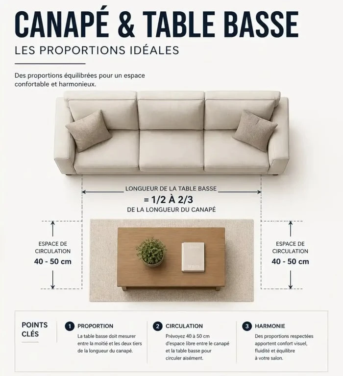Infographie des dimensions ergonomiques pour fabriquer une table basse