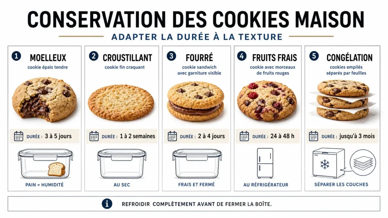 Conservation cookies maison : visuel comparatif des durées et méthodes selon la texture
