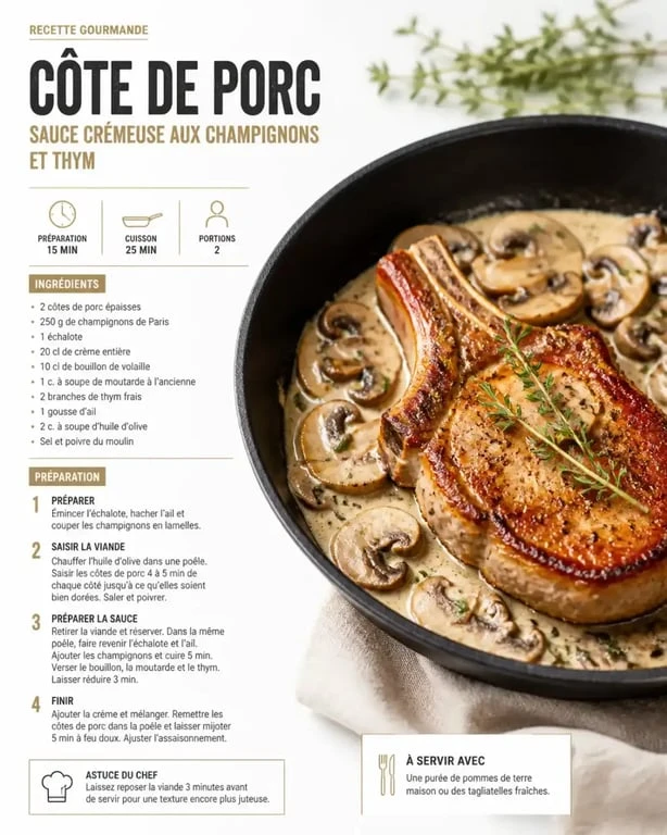 Côte de porc à la poêle avec sauce crémeuse aux champignons