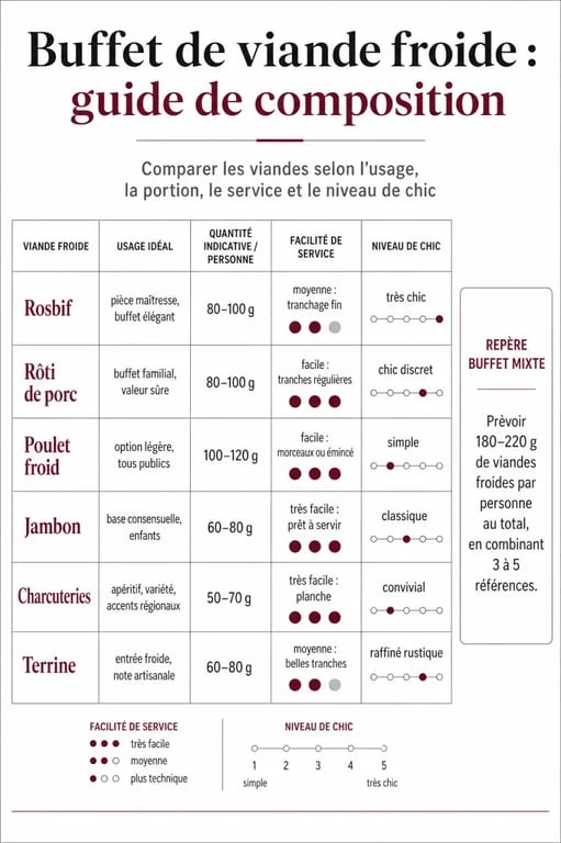 Viande froide buffet : infographie des types de viandes, quantités et usages pour un buffet réussi