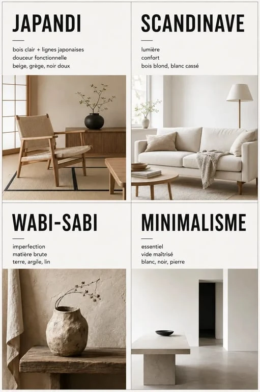 Comparatif du style japandi interieur avec scandinave, wabi-sabi et minimalisme