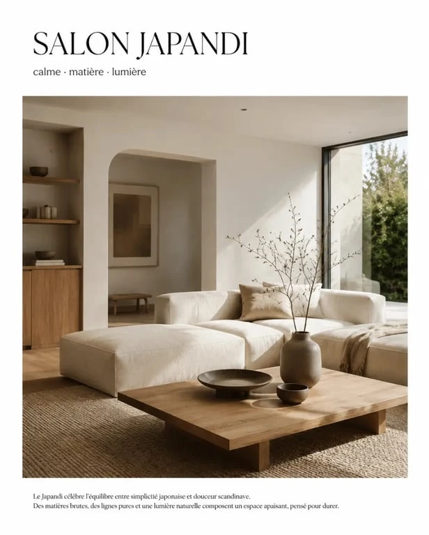 Salon en style japandi interieur avec canapé bas, bois clair et lumière douce