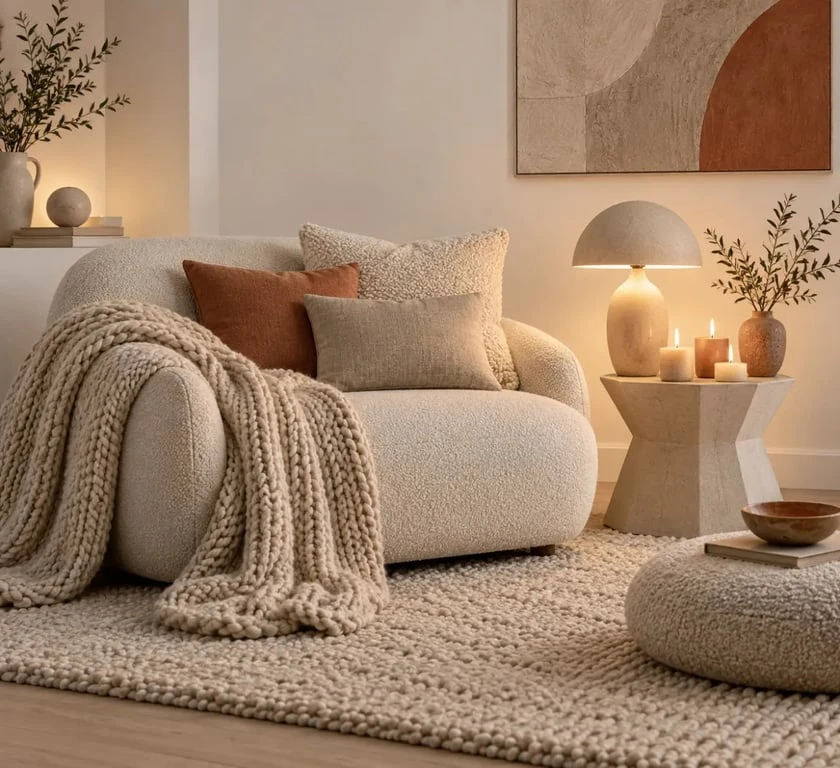 Textiles et éclairage chaleureux dans un salon cocooning scandinave