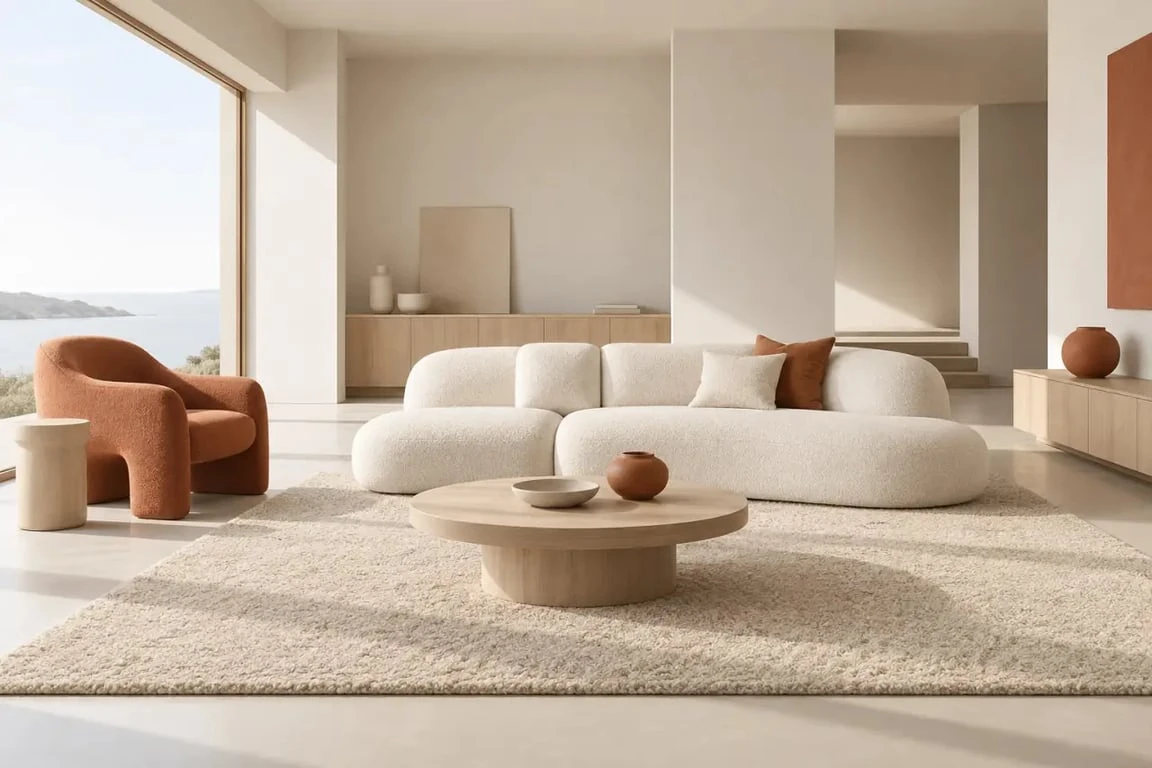Salon cocooning scandinave avec canapé arrondi, bois clair et palette chaleureuse