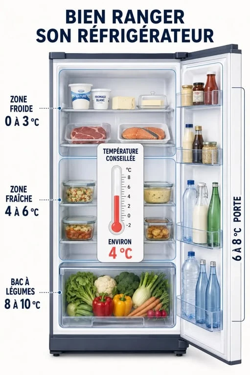 Réglage frigo : schéma des zones de rangement et des températures recommandées