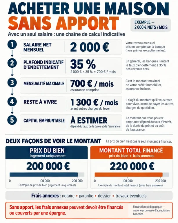 Infographie pour acheter une maison sans apport avec un seul salaire : endettement, reste à vivre et capacité d’emprunt