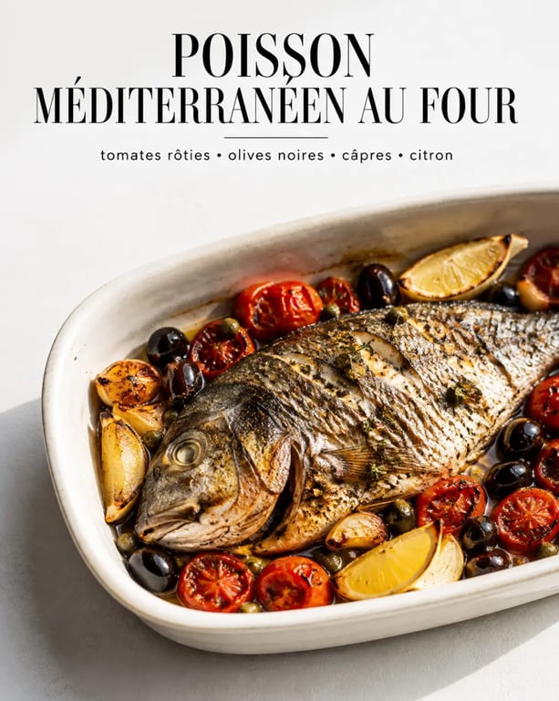 Recette poisson méditerranéen au four servi avec tomates, olives et citron