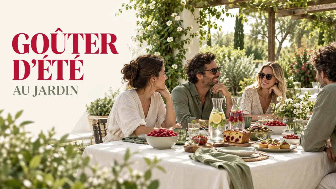 Goûter estival convivial dans un jardin aménagé avec table ombragée et buffet frais