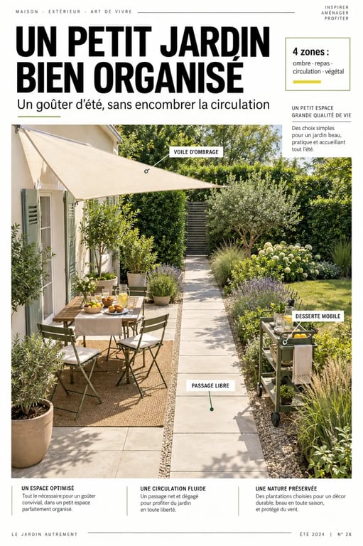 Organisation d’un goûter estival convivial dans un petit jardin aménagé avec espace repas ombragé