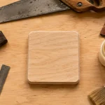 Petit objet en bois à fabriquer : dessous de verre en contreplaqué, outils de ponçage et colle à bois