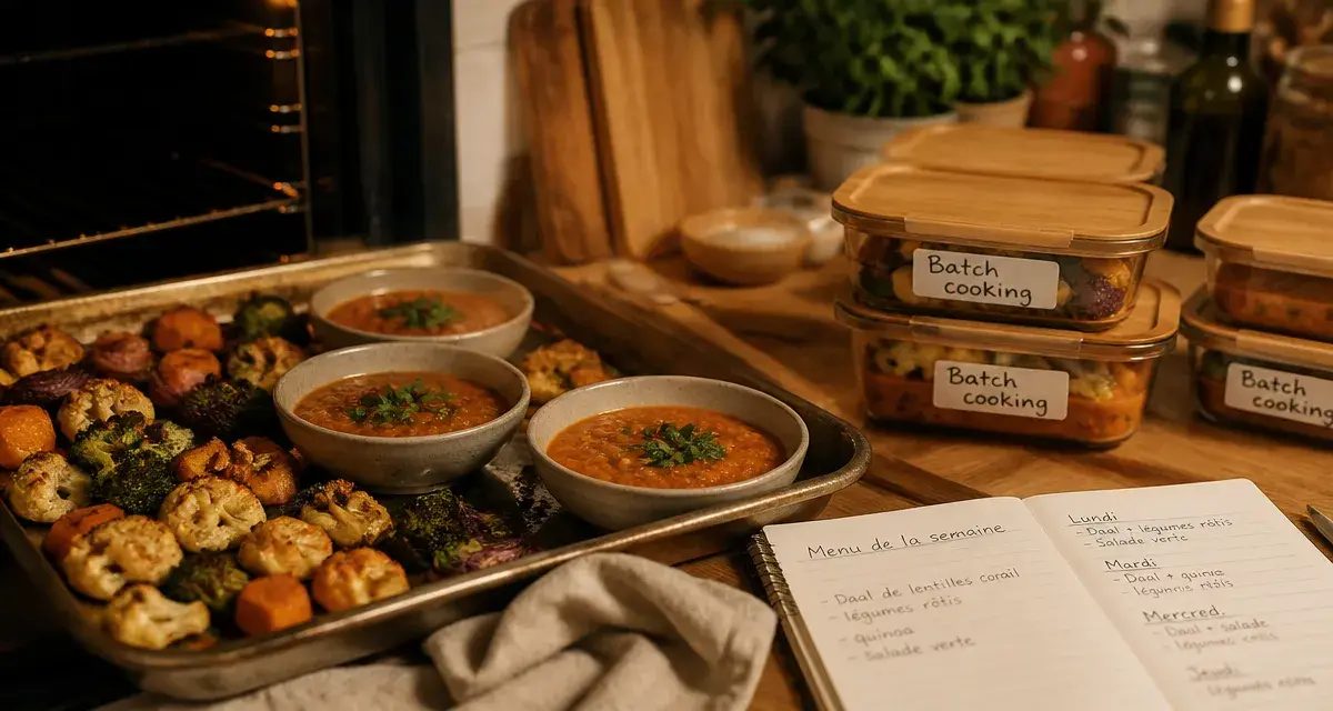 Recettes batch cooking : préparations de repas sans stress, légumes rôtis et curry de lentilles.