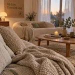 Salon cocooning scandinave, coussins et plaid au bois clair, pièce froide malgré le style