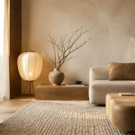 Style japandi interieur : salon minimaliste warm, bois clair, tapis beige