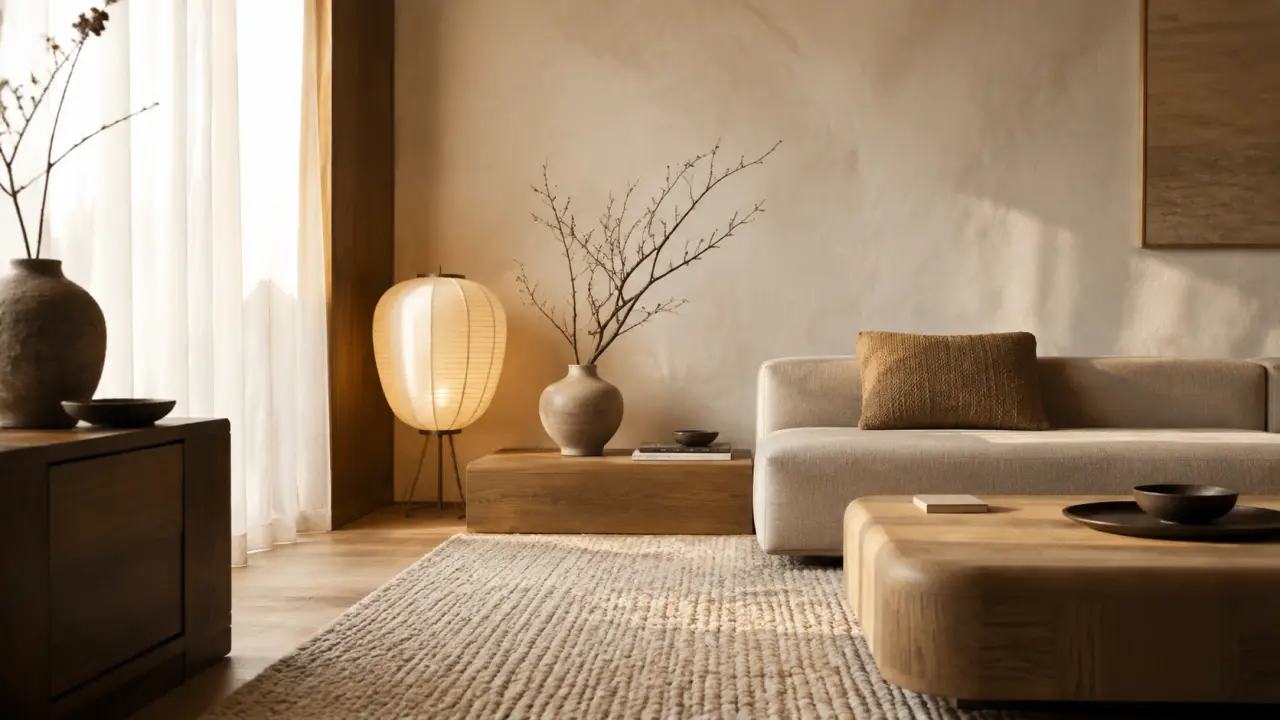 Style japandi interieur : salon minimaliste warm, bois clair, tapis beige