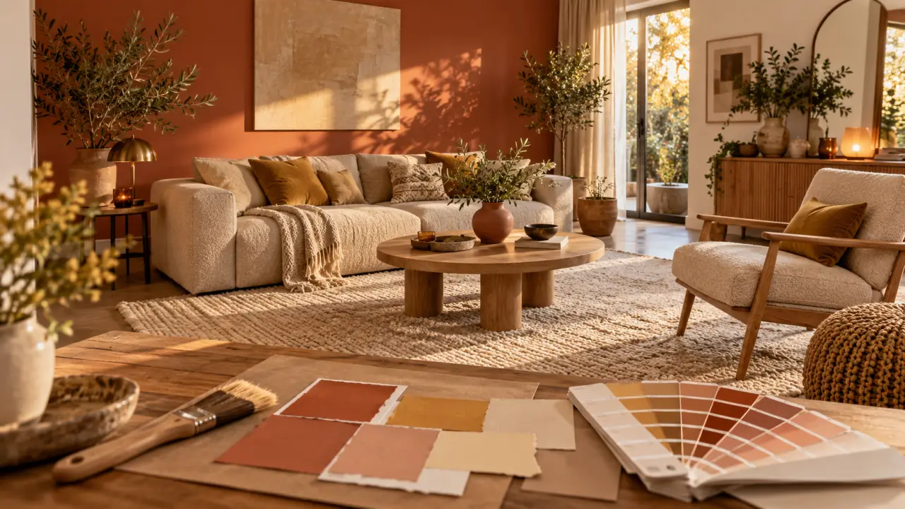Couleurs chaudes pour salon : mur terracotta et coussins moutarde, lumière chaude
