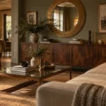 Déco salon mélange ancien et moderne : salon transitionnel avec canapé beige et enfilade noyer