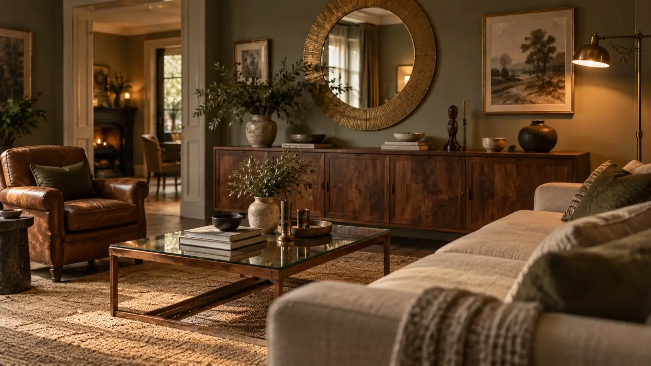 Déco salon mélange ancien et moderne : salon transitionnel avec canapé beige et enfilade noyer
