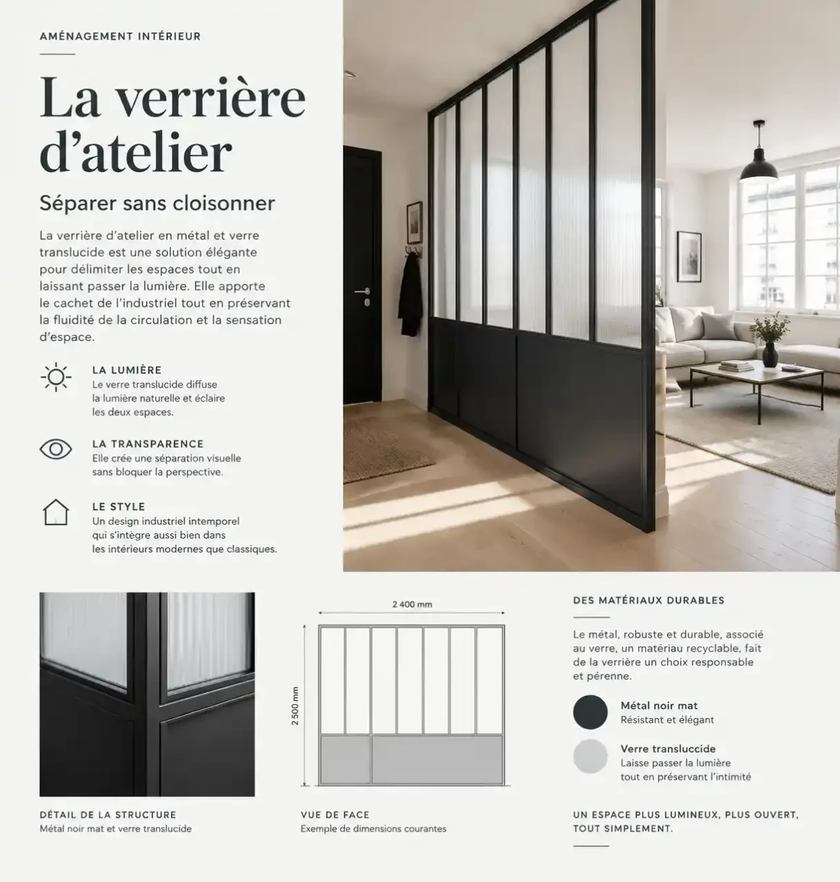 Idée de séparation entrée salon avec une verrière atelier en verre translucide qui préserve la luminosité