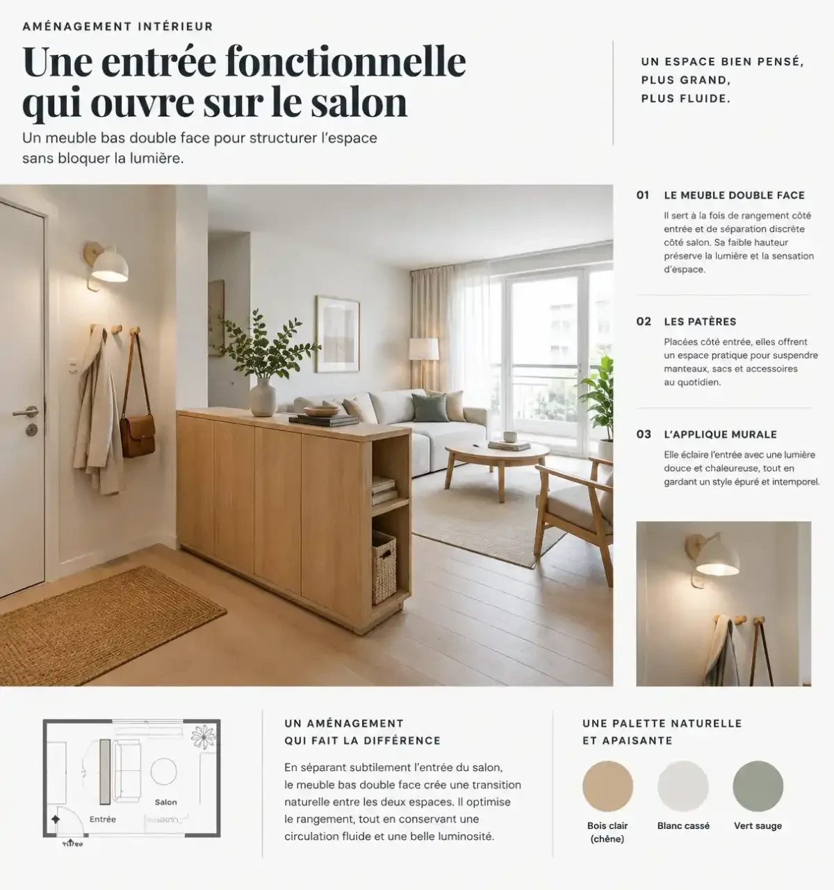 Idée de séparation entrée salon avec un meuble bas double face, un tapis et une applique dans un appartement lumineux