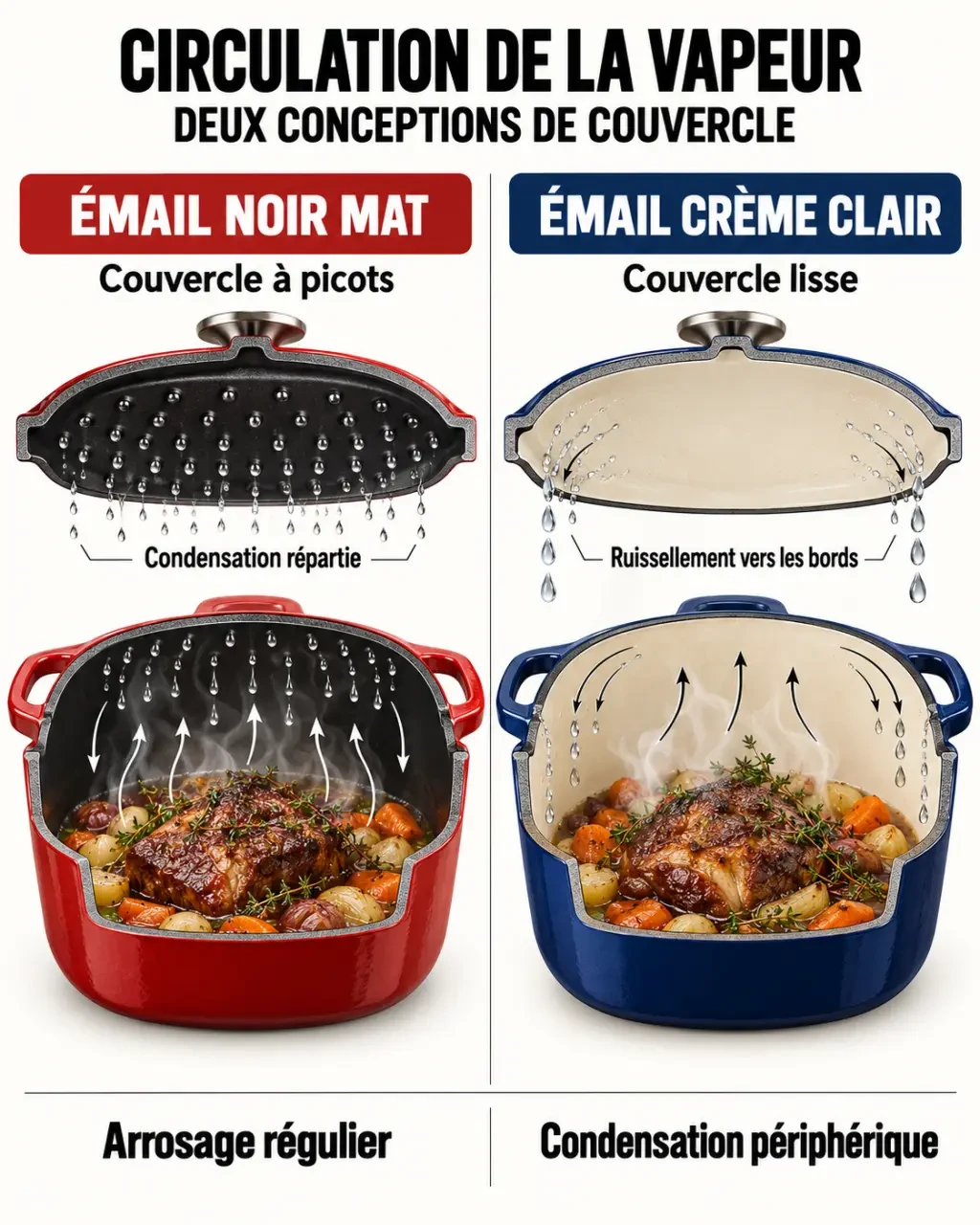 Comparaison cocottes Staub ou Le Creuset : couvercle à picots et émail noir mat contre couvercle lisse et émail crème