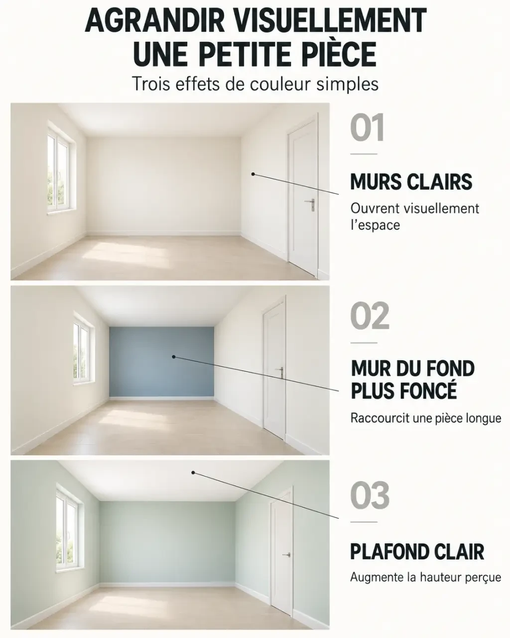 Couleur agrandir pièce : effets des murs clairs, du mur d’accent et du plafond clair