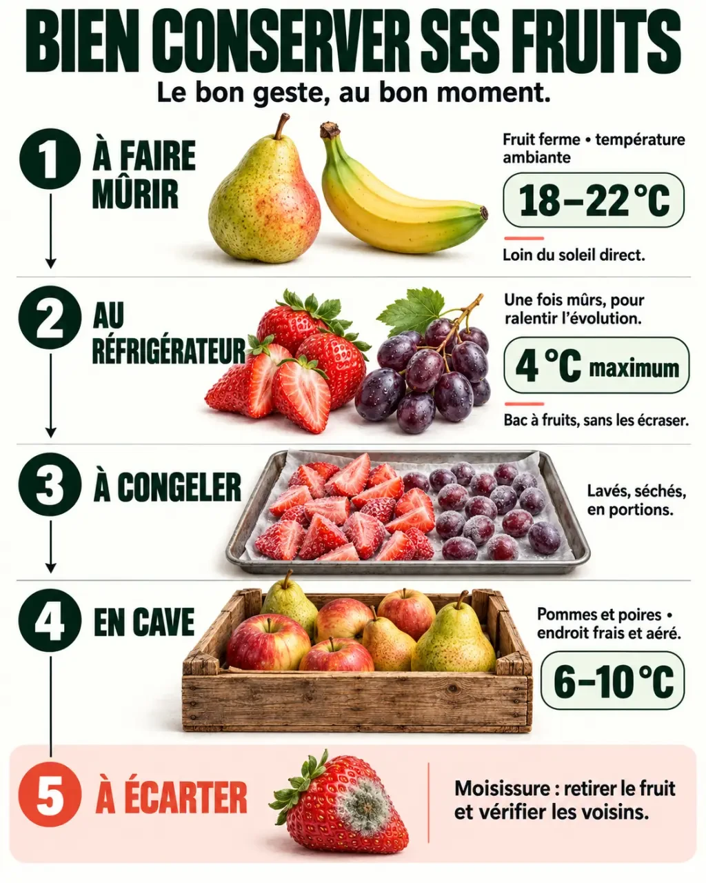 Infographie de conservation fruit selon la maturité et la méthode de stockage