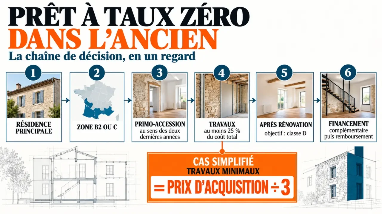 Infographie sur l'ancien prêt à taux zéro : conditions, travaux de 25 % et étapes d'éligibilité