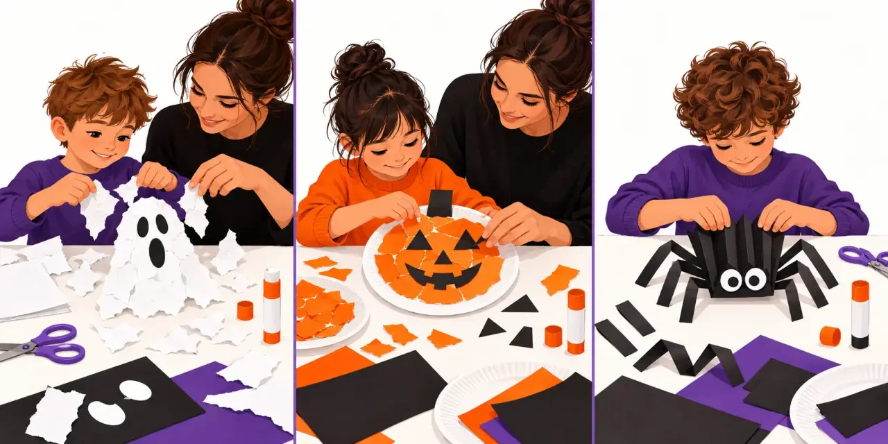 Bricolage facile Halloween : étapes de création d’un fantôme, d’une citrouille et d’une araignée en papier