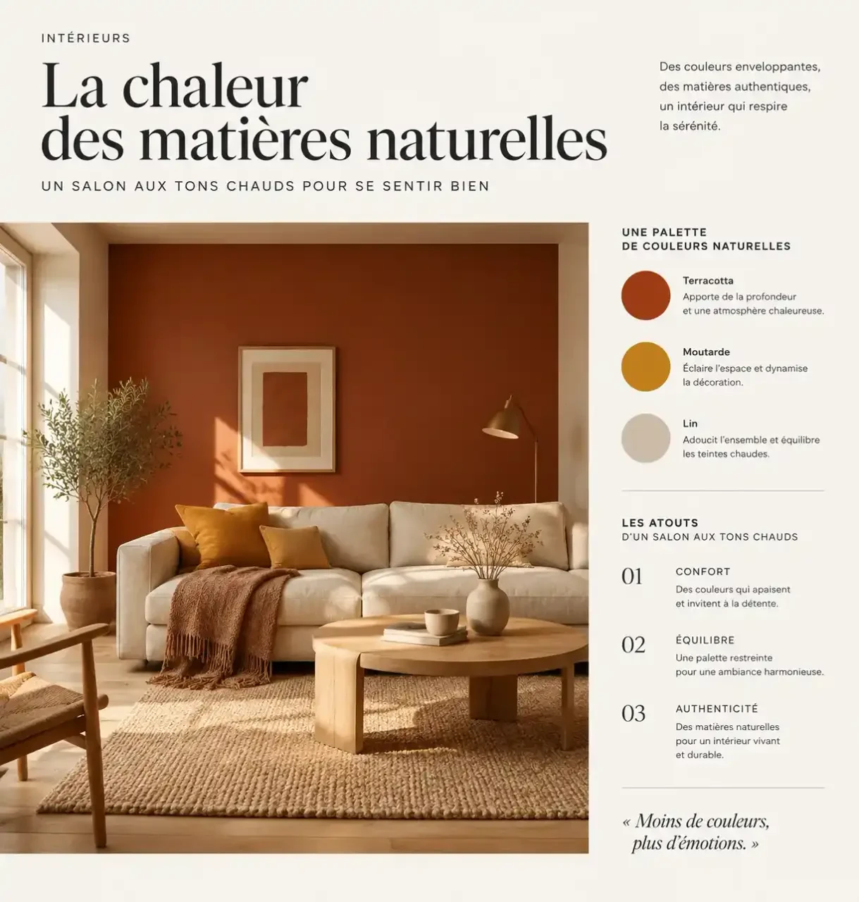 Couleurs chaudes pour salon : mur terracotta associé à des murs blanc crème, canapé beige et coussins moutarde