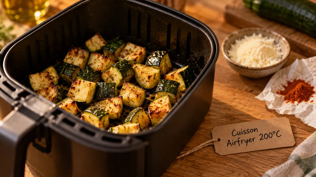 Temps cuisson courgette airfryer 8 à 15 min, courgettes dorées à 200°C